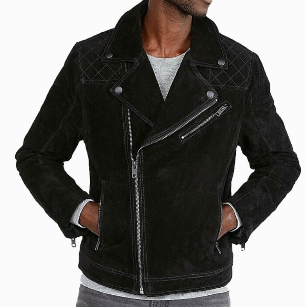 EXPRESS Genuine Black Suede Quilted Biker Bomber Moto Jacket Unisex - Picture 2 of 7